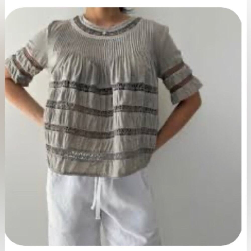 Wilfred Lace Insert Pleated short sleeve Blouse modal boxy bohemian sz M